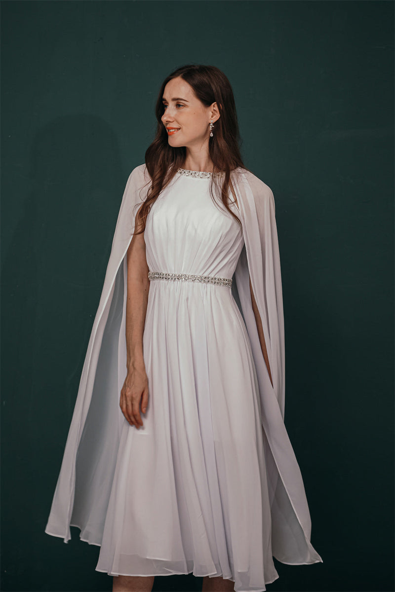 Simple Beaded White Chiffon Summer Wedding Dress with Cape-Ballbella