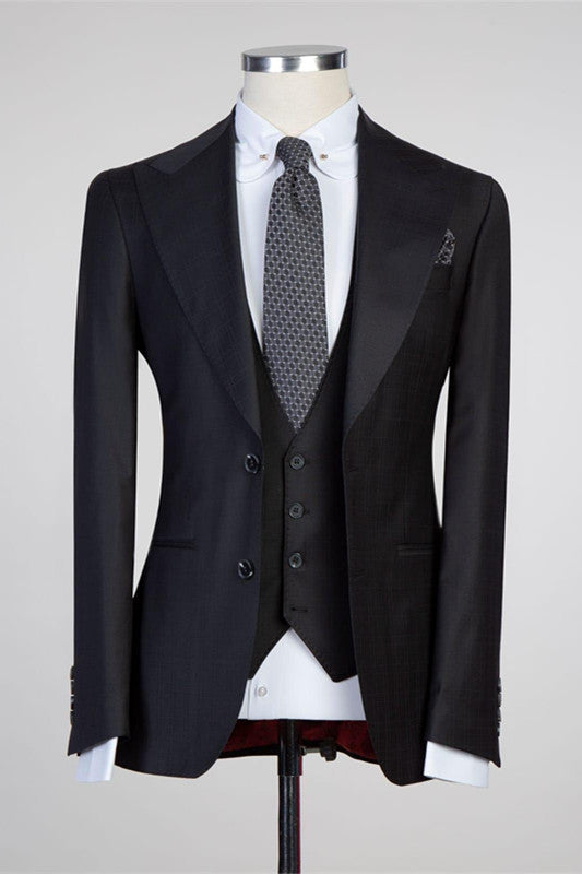 Simple Black Peaked Lapel Fashion Slim Fit Formal Men Suits-Ballbella