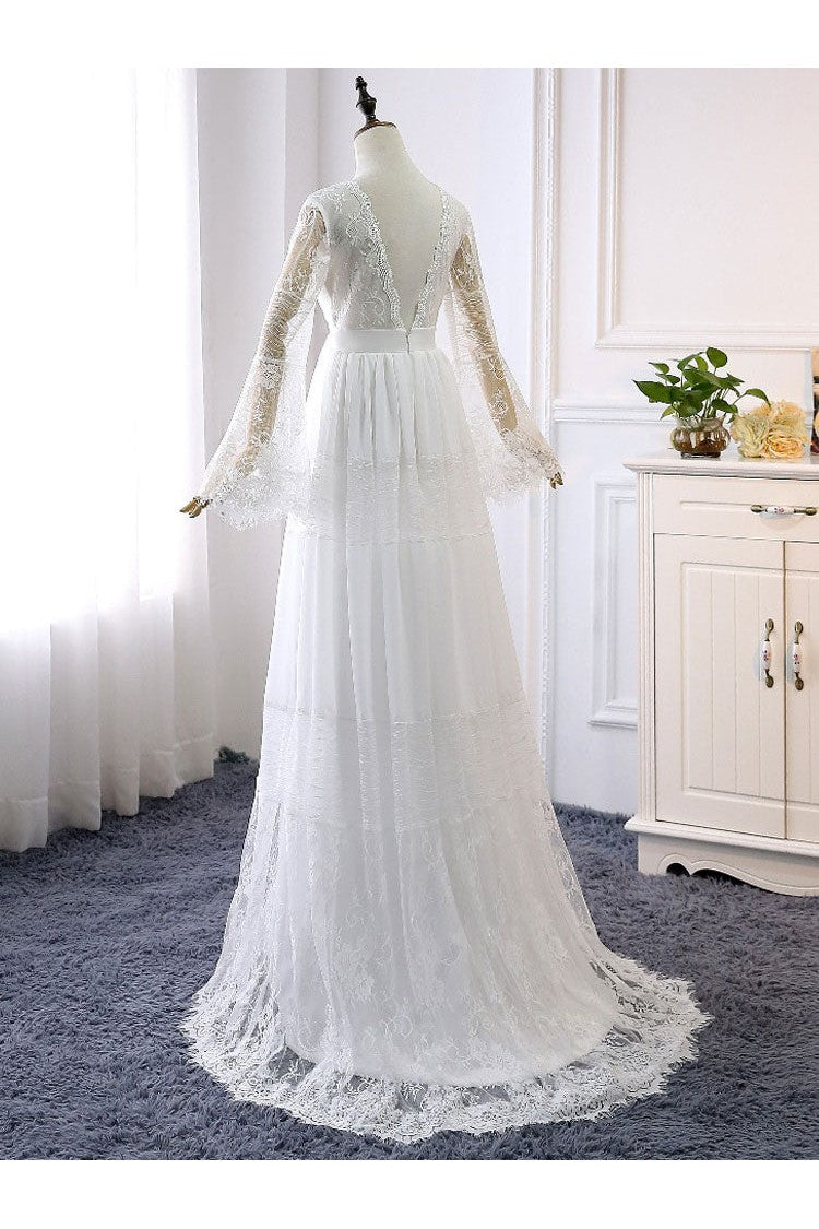 Simple Boho Wedding Dresses A-line Deep V-Neck Multilayer Lace Chiffon Beach Bridal Gowns-Ballbella