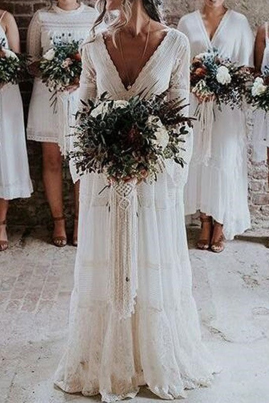 Simple Boho Wedding Dresses A-line Deep V-Neck Multilayer Lace Chiffon Beach Bridal Gowns-Ballbella