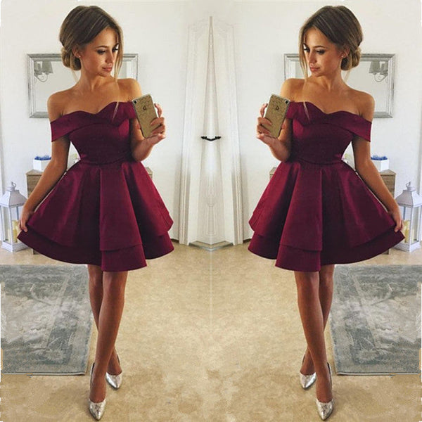 Simple Burgundy Short Homecoming Dresses Off Shoulder A-Line Hoco Dresses-Ballbella