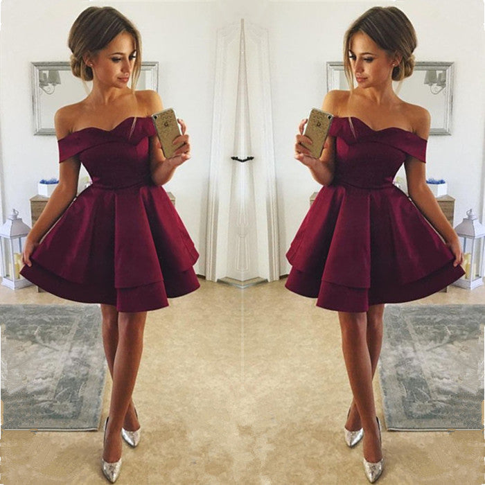 Simple Burgundy Short Homecoming Dresses Off Shoulder A-Line Hoco Dresses-Ballbella