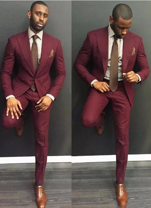 Simple Burgundy Slim Fit Peaked Lapel Mens Suit with 2-Piece-Ballbella
