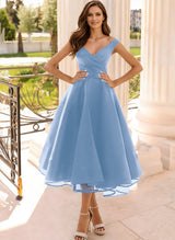 Simple Cap Shoulder A-Line Tea-Length Homecoming Dresses-Ballbella