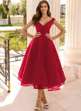 Simple Cap Shoulder A-Line Tea-Length Homecoming Dresses-Ballbella