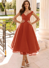 Simple Cap Shoulder A-Line Tea-Length Homecoming Dresses-Ballbella
