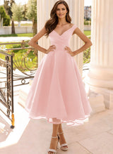 Simple Cap Shoulder A-Line Tea-Length Homecoming Dresses-Ballbella