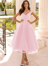 Simple Cap Shoulder A-Line Tea-Length Homecoming Dresses-Ballbella