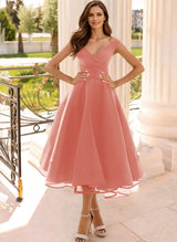 Simple Cap Shoulder A-Line Tea-Length Homecoming Dresses-Ballbella