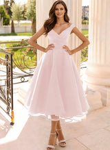 Simple Cap Shoulder A-Line Tea-Length Homecoming Dresses-Ballbella