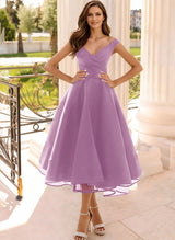 Simple Cap Shoulder A-Line Tea-Length Homecoming Dresses-Ballbella