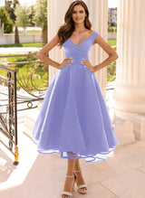 Simple Cap Shoulder A-Line Tea-Length Homecoming Dresses-Ballbella