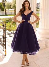 Simple Cap Shoulder A-Line Tea-Length Homecoming Dresses-Ballbella
