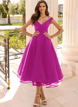 Simple Cap Shoulder A-Line Tea-Length Homecoming Dresses-Ballbella