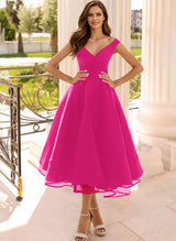 Simple Cap Shoulder A-Line Tea-Length Homecoming Dresses-Ballbella