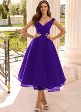 Simple Cap Shoulder A-Line Tea-Length Homecoming Dresses-Ballbella
