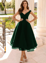 Simple Cap Shoulder A-Line Tea-Length Homecoming Dresses-Ballbella