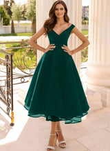 Simple Cap Shoulder A-Line Tea-Length Homecoming Dresses-Ballbella