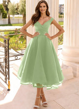 Simple Cap Shoulder A-Line Tea-Length Homecoming Dresses-Ballbella
