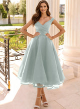 Simple Cap Shoulder A-Line Tea-Length Homecoming Dresses-Ballbella