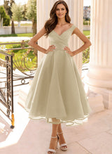 Simple Cap Shoulder A-Line Tea-Length Homecoming Dresses-Ballbella