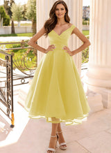 Simple Cap Shoulder A-Line Tea-Length Homecoming Dresses-Ballbella