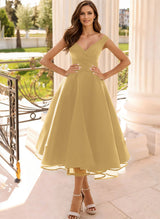 Simple Cap Shoulder A-Line Tea-Length Homecoming Dresses-Ballbella