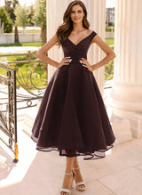 Simple Cap Shoulder A-Line Tea-Length Homecoming Dresses-Ballbella