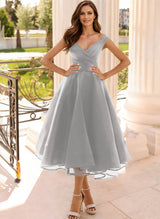 Simple Cap Shoulder A-Line Tea-Length Homecoming Dresses-Ballbella