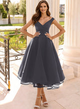 Simple Cap Shoulder A-Line Tea-Length Homecoming Dresses-Ballbella