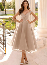 Simple Cap Shoulder A-Line Tea-Length Homecoming Dresses-Ballbella