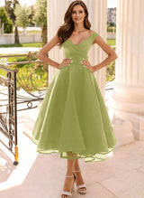 Simple Cap Shoulder A-Line Tea-Length Homecoming Dresses-Ballbella