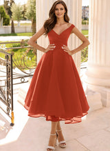 Simple Cap Shoulder A-Line Tea-Length Homecoming Dresses-Ballbella
