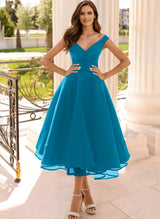 Simple Cap Shoulder A-Line Tea-Length Homecoming Dresses-Ballbella