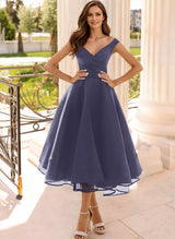 Simple Cap Shoulder A-Line Tea-Length Homecoming Dresses-Ballbella