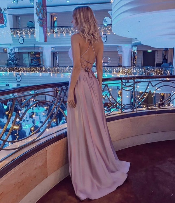 Ballbella offers Simple Halter Backless Dusty Pink High split Long evening Dresses On Sale at an affordable price from Stretch Satin to Column Floor-length skirts. Shop for gorgeous Sleeveless Prom Dresses, Evening Dresses collections for your big day.