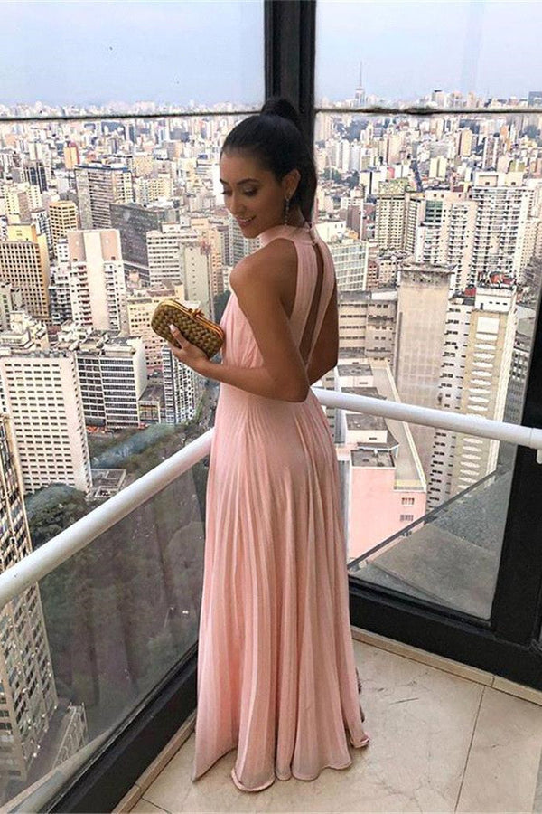 Ballbella offers Simple High neck Chiffon Keyhole Sleeveless Candy pink Prom Party Gowns at a cheap price from 100D Chiffon to A-line Floor-length hem. Gorgeous yet affordable Sleeveless Prom Dresses.
