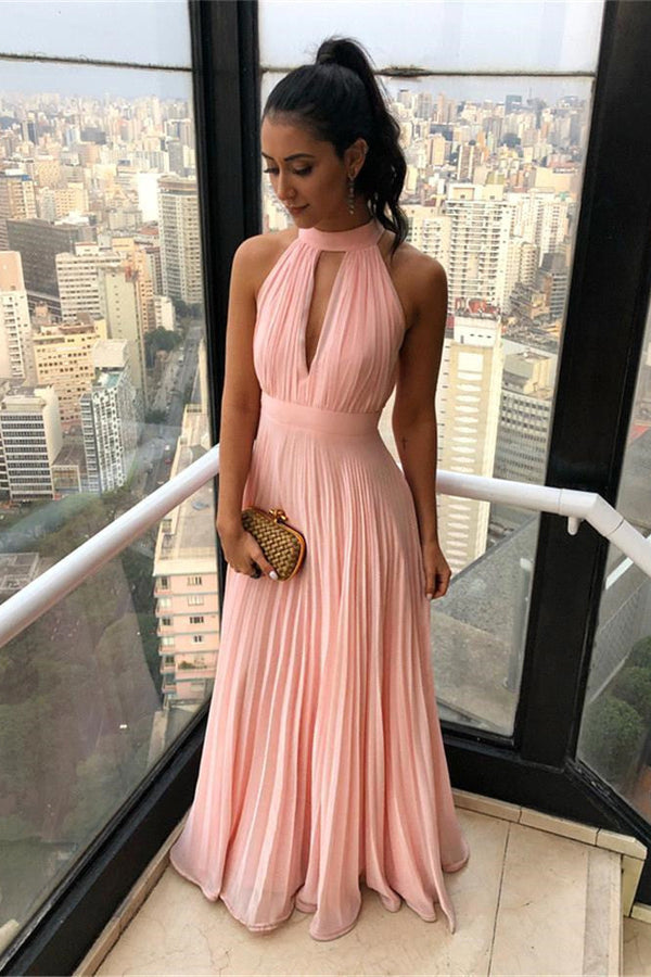 Ballbella offers Simple High neck Chiffon Keyhole Sleeveless Candy pink Prom Party Gowns at a cheap price from 100D Chiffon to A-line Floor-length hem. Gorgeous yet affordable Sleeveless Prom Dresses.