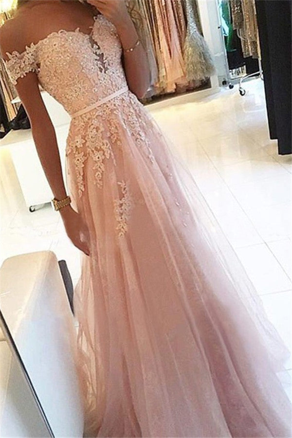 Wanna Prom Dresses, Evening Dresses in Spaghetti Strap,  Mermaid style,  and delicate Lace work? Ballbella has all covered on this Pink Off-the-Shoulder Applique Prom Dresses Soft Tulle Sleeveless Chic Evening Dresses yet cheap price.