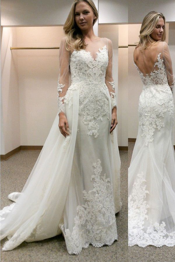Simple Sheath Long Sleeves Tulle Appliques Open Back Wedding Dress-Ballbella