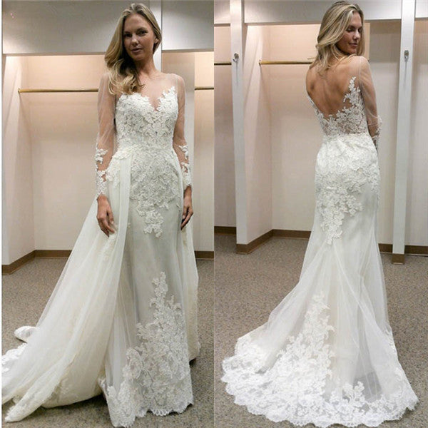 Ballbella offers Simple Sheath Long-Sleeves Tulle Appliques Open-Back Wedding Dress at factory price ,all made in high quality,fast delivery worldwide.