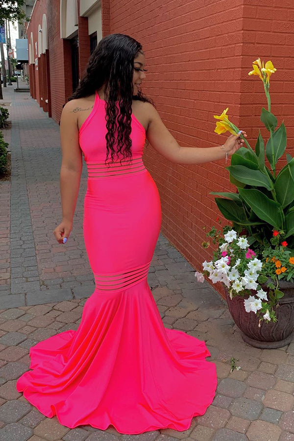 Simple Sleeveless Floor Length Pink Mermaid Prom Dresses-Ballbella