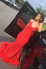 Simple Spaghetti V-neck Mermaid Long Prom Dresses with Fur Train-Ballbella