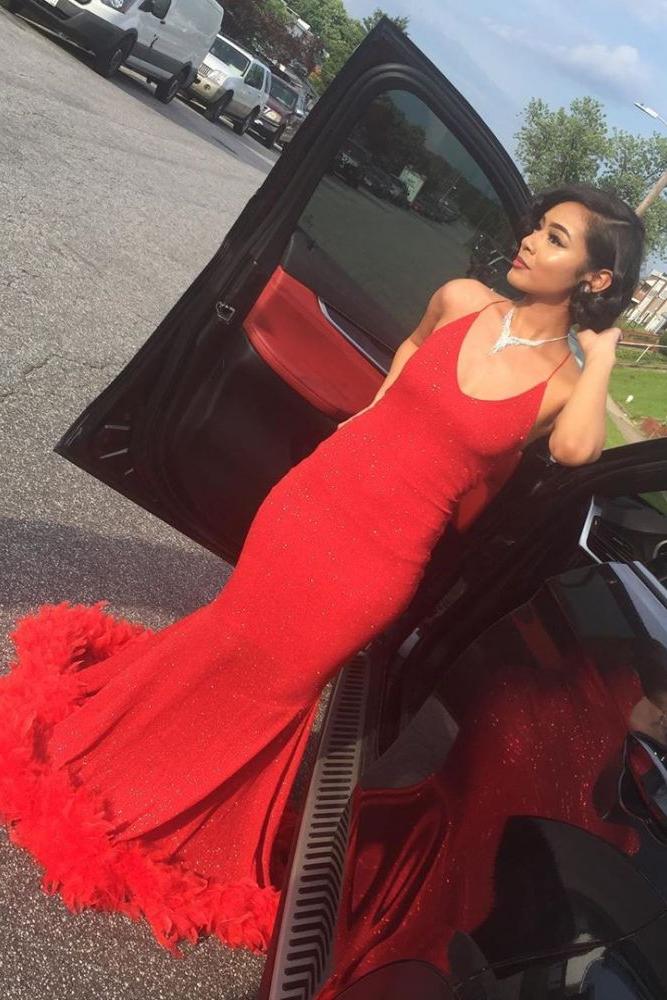 Simple Spaghetti V-neck Mermaid Long Prom Dresses with Fur Train-Ballbella