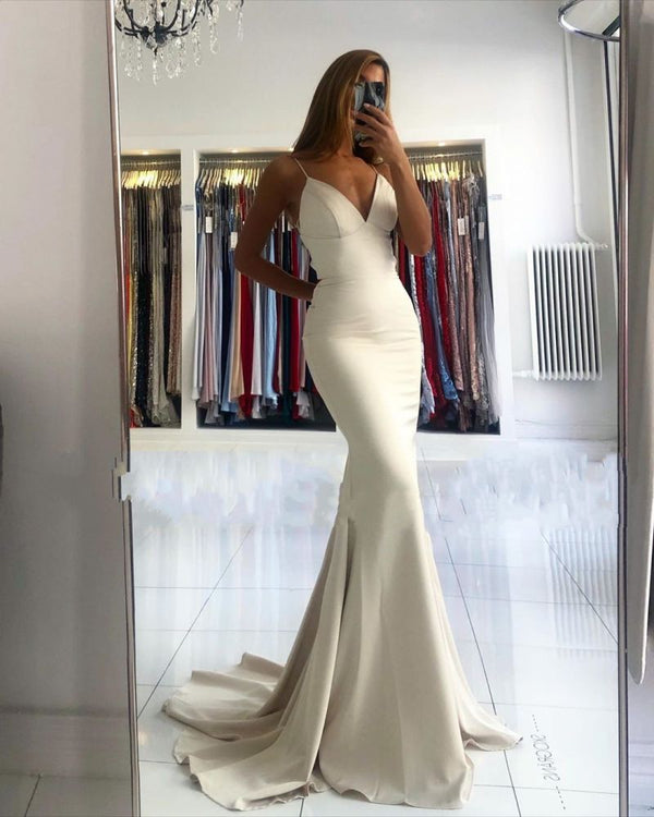 Ballbella offers Simple style V-neck Mermaid Ivory Spaghetti Strap Evening Dress at a cheap price from Satin to Mermaid Floor-length hem.. Gorgeous yet affordable Sleeveless Prom Dresses, Evening Dresses.