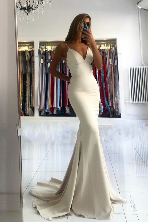 Ballbella offers Simple style V-neck Mermaid Ivory Spaghetti Strap Evening Dress at a cheap price from Satin to Mermaid Floor-length hem.. Gorgeous yet affordable Sleeveless Prom Dresses, Evening Dresses.