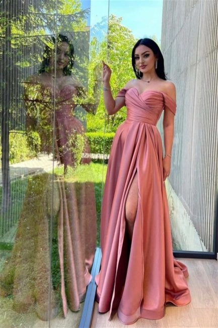 Simple Sweetheart Off-the-shoulder A-line Prom Dress With Split Long-Ballbella