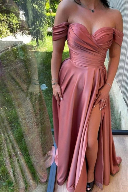 Simple Sweetheart Off-the-shoulder A-line Prom Dress With Split Long-Ballbella