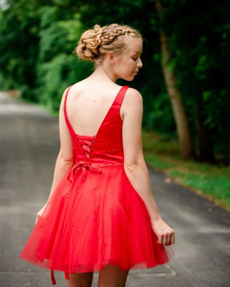 Shop your Simple V-neck Straps Red Homecoming Dress A Line Tulle Sleeveless Beading Short Cocktail Dress at Ballbella today,  extra free coupons available,  you will never wanna miss it.