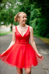 Shop your Simple V-neck Straps Red Homecoming Dress A Line Tulle Sleeveless Beading Short Cocktail Dress at Ballbella today,  extra free coupons available,  you will never wanna miss it.